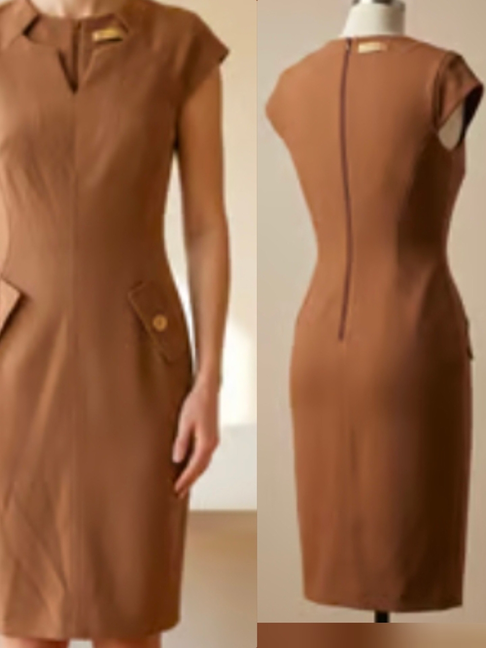 Cap-Sleeve Midi Dress in Chestnut Brown